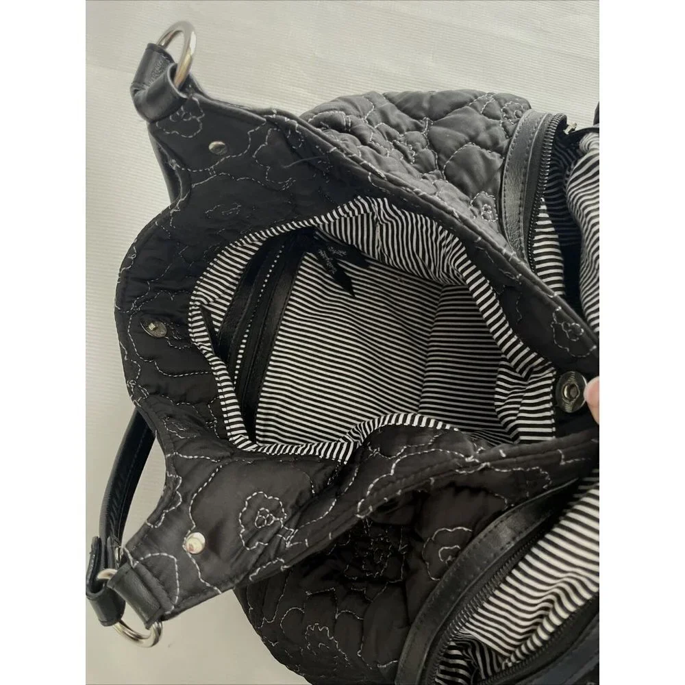 Thirty One Shoulder Bag Womens Black Flower‎ Poppy Quilted Hobo Purse 3 Sections